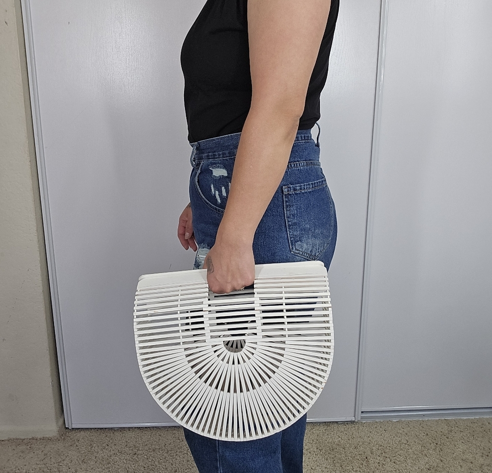 Vintage Bamboo Ark Handbag Retro White Half Moon Structured Beach Minimalist - Picture 11 of 16
